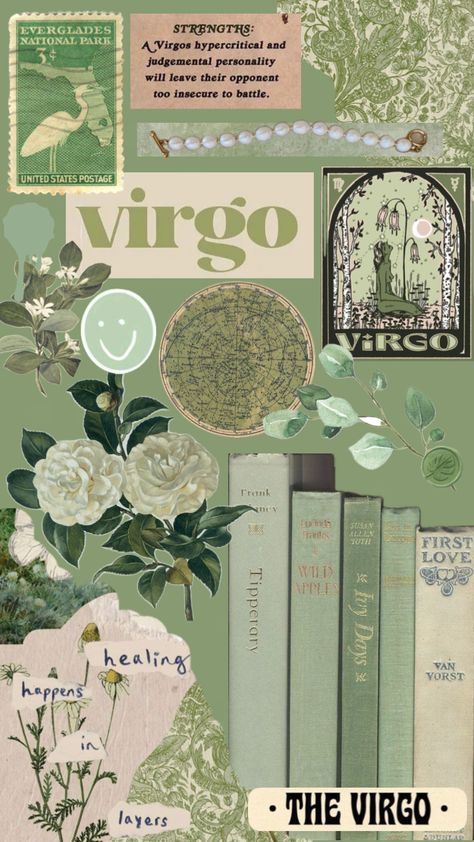 #virgoaesthetic #art #vintagecollage #green Virgo Wallpaper Iphone, Mood Board Painting, Virgo + Core + Aesthetic, Aesthetic Virgo, Virgo Core, Virgo Wallpaper, Virgo Mood, Virgo Sun, Sun Aesthetic