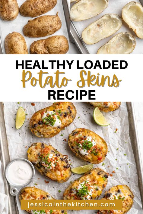 This Healthy Loaded Potato Skins recipe is much better than traditional recipes. Most potato skins are definitely not vegan with all that cheese, sour cream, and bacon on top. And if you ask for all the non-vegan toppings to be left off, you end up with a plate of potato skins and green onions—womp womp. So I set out to reinvent loaded potato skins, making them vegan-friendly and healthy too. First, we swap all the dairy ingredients with vegan versions—easy! I add black beans for protein. Potato Skins Vegetarian, Vegetarian Potato Skins, Healthy Potato Skins Recipe, Vegan Potato Skins, Healthy Potato Skins, Loaded Potato Skins Recipe, Potato Skins Recipe, Vegan Greek Yogurt, Loaded Potato Skins