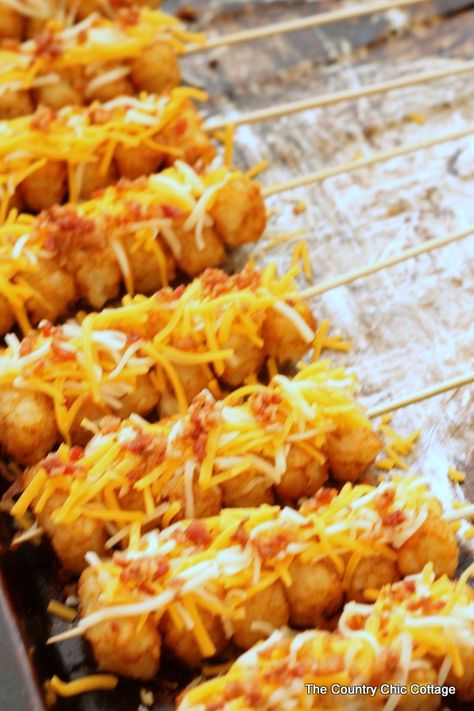 Fun Cookout Food, Cornhole Party Food, Tator Tot Skewer, Tailgate Tots, Loaded Tater Tot Skewers, Loaded Cheesy Tater Tot Cups, Blackstone Smashed Tator Tots, Concession Stand Food, Simple Appetizer