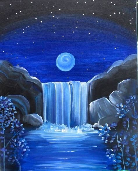 Spa Art, Easy Landscape Paintings, Paint Night Ideas, Waterfall Paintings, Moonlight Painting, Paint Inspo, Paint Nite, Painting References, Landscape Paintings Acrylic