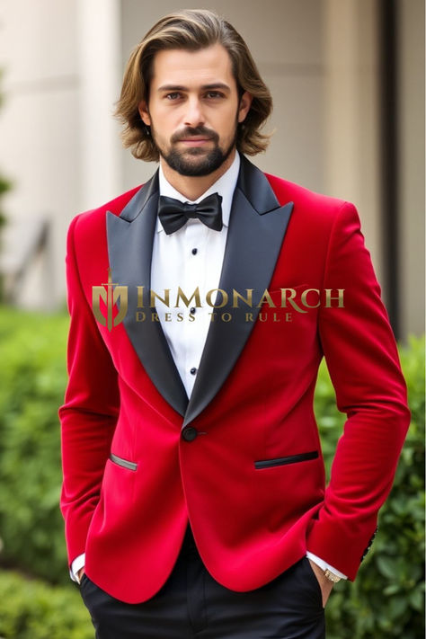 Bold Red Velvet Tuxedo Jacket for Men - InMonarch Red Velvet Tuxedo, Mens Velvet Blazer, Velvet Tuxedo Jacket, Red Tuxedo, Velvet Tuxedo, Tuxedo Wedding, Crimson Red, Tuxedo Jacket, Prom Outfits