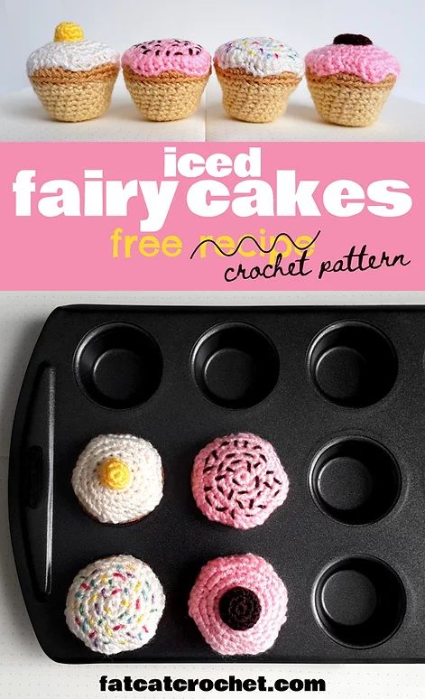 free crochet pattern for making yummy tiny fairy cakes with icing and sprinkles. simple straightforward instructions, easy to follow and quick to make. from fatcatcrochet Crochet Icing Pattern, Cakes With Icing, Jelly Tots, Crochet Stuffies, Tiny Fairy, Tiny Cakes, Cat Crochet, Crochet Fairy, Fairy Cakes