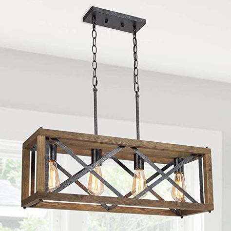 Industrial Farmhouse Kitchen Island, Industrial Farmhouse Kitchen, Lighting Fixtures Kitchen Island, Cage Chandelier, Rectangular Chandelier, Farmhouse Kitchen Island, Kitchen Island Chandelier, Island Chandelier, Dining Room Pendant