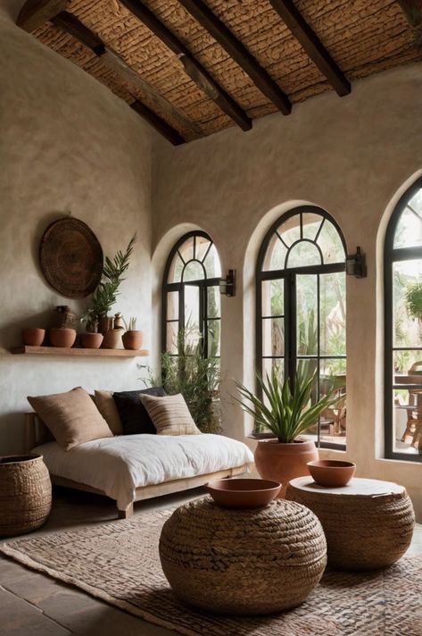 A cozy Mediterranean-style interior featuring arched doorways, rustic wooden ceilings, and natural decor like potted plants and woven rugs for a warm, inviting atmosphere. Mediterranean Style Homes Interior Decor, Meditterean House Interior, Rustic Spanish Decor, Meditterean House, Wabi Sabi Farmhouse, Rustic Minimalist Home, Beams Living Room, Arched Doorways, Arch Doorway