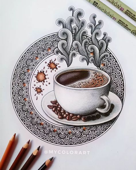 https://www.instagram.com/p/CViEGZioOd-/?utm_medium=share_sheet Coffee Mandala, Traditional Mandala, Mandala Drawings, Sunflower Mandala, Mandala Art Therapy, Coffee Drawing, Hand Lettering Art, Geometric Drawing, Mandala Art Lesson