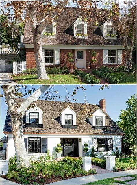 Cape House Exterior Colors, White Brick Cape Cod Exterior, Brick Cape Cod Exterior Makeover, Cape Cod Makeover Exterior, Brick Cape Cod Exterior, Front Porch On Ranch Style House, Old Brick House Exterior, Colonial House Exterior Makeover, Old Brick House Exterior Makeover