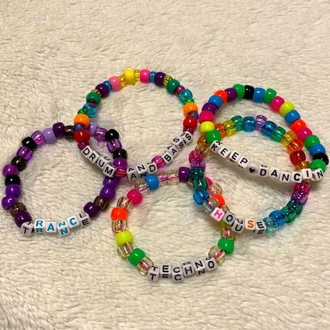 Edm Genres Handmade Word Kandi, This Listing Is For The Pack Of 5 Pictured Above. One Size Fits Most Stretchy Cord Unique And Fun For Your Next Rave Or Festival! Edm Edc Raver Kandi Bracelets Jewelry Beads Plur Glitter Outfit Accessories Rainbow Y2k 90s Neon Trippy Kandi Bracelets For Friends, Rave Beads Bracelets, Candy Bracelet Ideas, Edm Genres, Kandi Bracelets Ideas, Rave Kandi Bracelets, Kandi Bracelets Rave, Festival Kandi, Rave Kandi Ideas