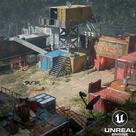 Post Apocalyptic Hideout, Industrial Post Apocalyptic, Apocalypse Town Concept Art, Apocalypse City Concept Art, Apocalypse House Concept Art, Apocalypse Base Camp, Post Apocalyptic Town Concept Art, Future Apocalypse Concept Art, Post Apocalyptic World Building