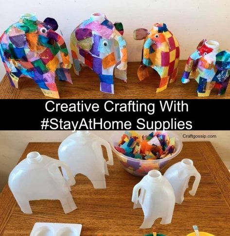 Elmer the Elephant is a patchwork Elephant and now you can combine the craft with the book. This very simple craft is taking over the internet mainly because it is cute! but also because scraps of paper and milk cartons … Read More ... Elmer Book Activities, Recycling Eyfs, Elephant Crafts For Kids, Elmer Elephant, Milk Carton Crafts, Upcycled Books Crafts, Elmer The Elephant, Milk Jug Crafts, Book And Craft