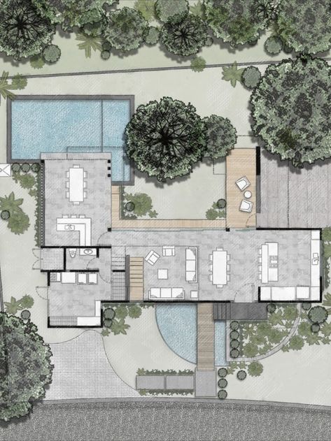 Roof Garden Ideas, Tropical House Plans, Pool Design Plans, Luxury Floor Plans, Modern Tropical House, Build A House, Courtyard House Plans, Courtyard Design, Tropical Architecture