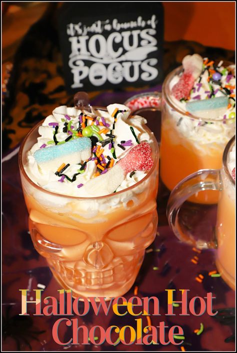 This colorful Halloween Hot Chocolate is perfect for sipping during movie night and is inspired by my favorite Halloween flick, "Hocus Pocus".  Made with warm milk and orange tinted white chocolate this festive drink is the ultimate Halloween treat to enjoy this spooky season! Diy Black Flame Candle, Halloween Hot Chocolate, Hocus Pocus Movie, Hocus Pocus Party, Hocus Pocus Halloween, Halloween Sprinkles, Halloween Hocus Pocus, Kid Friendly Halloween, Spiced Cider