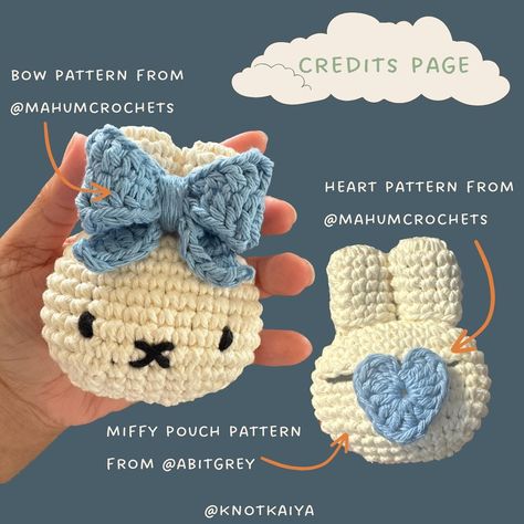 crochet miffy earbud case ᕙ( •̀ ᗜ •́ )ᕗ ༄˖°.🪐.ೃ࿔*:･🧸༘˚⋆𐙚｡⋆𖦹.✧˚🤍 ❀˖° first post on my crochet account !! i have a problem with misplacing my earbuds so i made this cutie to help ,, planning on making her into a bag charm but i love her credits (*ᴗ͈ˬᴗ͈)ꕤ*.ﾟ ♡ miffy pouch pattern @abitgrey ♡ bow + heart pattern @mahumcrochets ╭────── · · ୨୧ · · ──────╮ #crochet #crochetideas #crochetgift #explore #crochetinspiration #yarn #crochetersofinstagram #crochetaddict #fiberart #crocheting #knotkaiya... Heart Crochet Ideas, Crochet Ear Bud Case, Miffy Earbuds, Earbuds Crochet Case, Bunny Crochet Bag, Crochet Stuffy Ideas, Crochet Earbuds Case, Crochet Bag Charm Pouch, Crochet Earbud Pouch