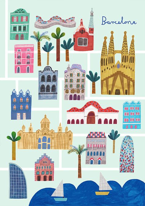 city posters on Behance Barca Drawing, Barcelona Drawing, Europe Illustration, Barcelona Painting, Barcelona Illustration, Diy Posters, Barcelona Poster, City Europe, City Posters