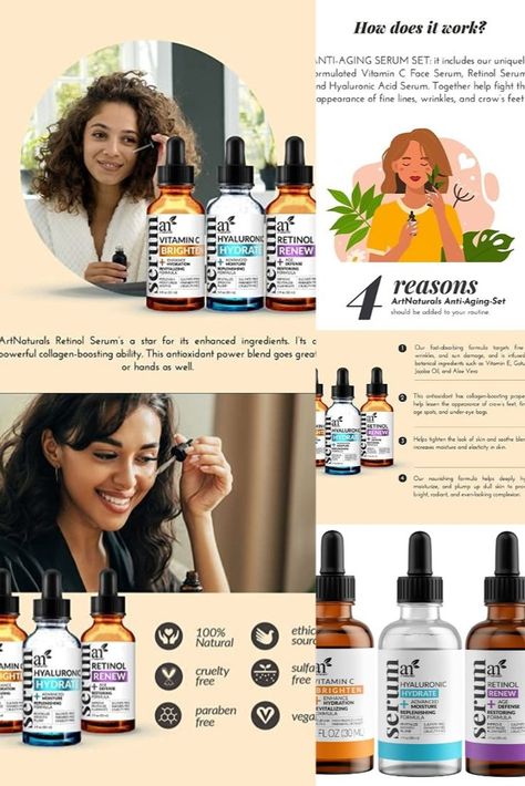 artnaturals Anti Aging Vitamin C Serum for Face, Facial Skin Care Products 3 pack, Hyaluronic Acid and Retinol Serum (3 x 1 Fl Oz / 30ml), Anti Wrinkle and Dark Circle Remover #Amazon Trusted #EasyOne Facial Skin Care Products, Vitamin C Face Serum, Anti Aging Vitamins, Serum For Face, Tighten Skin, Remove Dark Circles, Aging Serum, Natural Anti Aging, Dark Circle