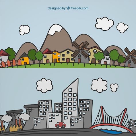 Hand drawn landscape of city and village | Premium Vector #Freepik #vector #city-drawing #city-sketch #hand-drawn-city #flat-city Living Room Vector, Village Drawing, City Vector, City Cartoon, City Drawing, City Background, Winter Background, Bullet Journal Design Ideas, Landscape Background