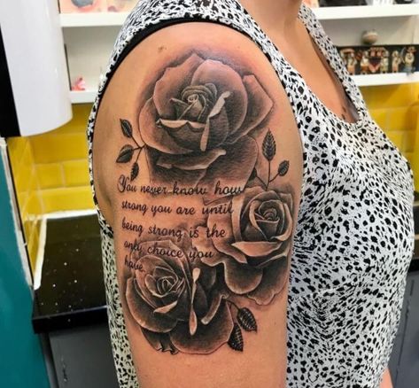 Inspirational Sleeve Tattoos For Women, Shoulder To Arm Tattoos For Women, Rose Thigh Tattoos Women, Upper Half Sleeve Tattoo For Women, Chest Tattoos For Women Upper, Half Sleeve Tattoos For Women Upper Arm Unique, Meaningful Half Sleeve Tattoos For Women, Mom Tattoo Quotes, Sleeve Tattoos For Women Unique