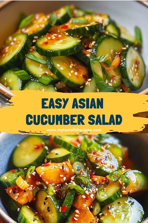 Crisp, crunchy, and full of flavor, this Easy Asian Cucumber Salad is a healthy side dish made with simple ingredients like cucumbers, sesame oil, and rice vinegar. A light, refreshing addition to any meal! Recipes With Rice Vinegar, Easy Asian Cucumber Salad, Asian Cucumber Salad Recipe, Sesame Oil Recipes, Cucumber Salad Vinegar, Vinegar Cucumbers, Asian Cucumber Salad, Cucumber Salad Recipe, Healthy Side Dish