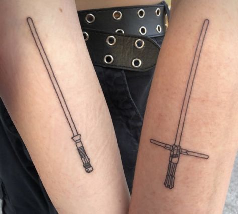 Simple Lightsaber Tattoo, Lightsaber Tattoo Minimalist, Light Sabors Tattoos, Lightsaber Hilt Tattoo, Kylo Ren Lightsaber Tattoo, Starwars Tattoo Minimalist, Matching Star Wars Tattoo, Star Wars Matching Tattoos, Star Wars Lightsaber Tattoo