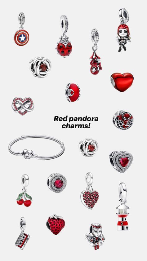 Heart pandora bracelet with many different options of red charms. Pandora Charms Red, Pandora Bracelet Charms Ideas, Pandora Accessories, Pandora Red, Girly Bracelets, Pandora Bracelet Designs, Pandora Inspiration, Pandora Armband, Red Charm