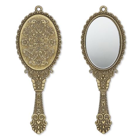 Realistically rendered in antique brass-plated "pewter" (zinc-based alloy) and decorated with fancy designs, this miniature hand mirror features an oval mirror face. Mirror Png, Antique Hand Mirror, Antique Stuff, Fire Mountain Gems, Oval Mirror, Hand Mirror, Jewelry Supplies, Antique Brass, Miniatures