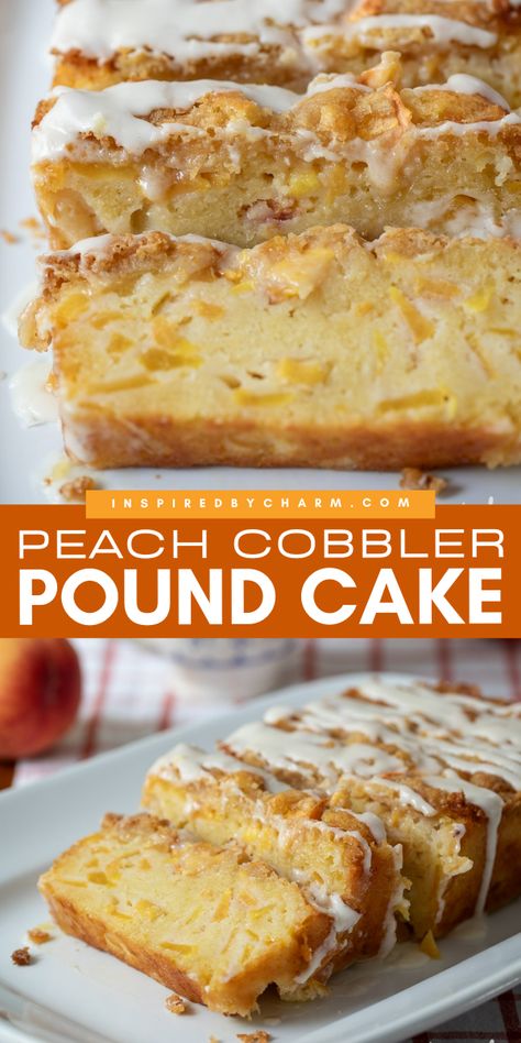 Dive into summer sweetness with this peach cobbler pound cake. The combination of fresh, juicy peaches and rich, buttery pound cake creates a symphony of flavors that are simply heavenly. A soft tender crumb and sweet glaze finish off this sweet treat to create a decadent treat everyone will love. Peach Cobbler Pound Cake Recipe, Peach Pound Cake, Peach Cobbler Pound Cake, Peach Pound Cakes, Cake Delicious, Sour Cream Recipes, Peach Desserts, Peach Cake, Oreo Dessert