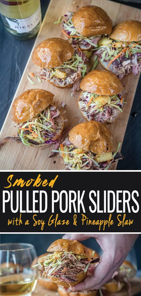 Pork Sliders Recipes, Pineapple Coleslaw, Soy Glaze, Smoked Pork Shoulder, Sliders Recipes, Pulled Pork Sliders, Smoked Pulled Pork, Pork Sliders, Pulled Pork Recipes