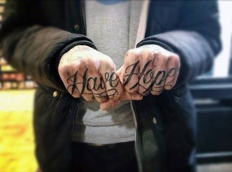 Have Hope Mens Knuckle Up Tattoo Small Letter Tattoo, Finger Tattoos Words, Knuckle Tattoo, Hope Tattoo, Bestie Tattoo, Knuckle Tattoos, Hand And Finger Tattoos, Strength Tattoo, Tattoo Project