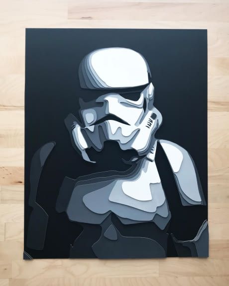 I started making layered paper art. Stormtrooper No. 1, 16”x20” Layered Paper Art, Cut Out Art, Paper Cutout Art, 3d Paper Art, Layered Art, Star Wars Poster, Wow Art, Paper Cut Art, Art Pop