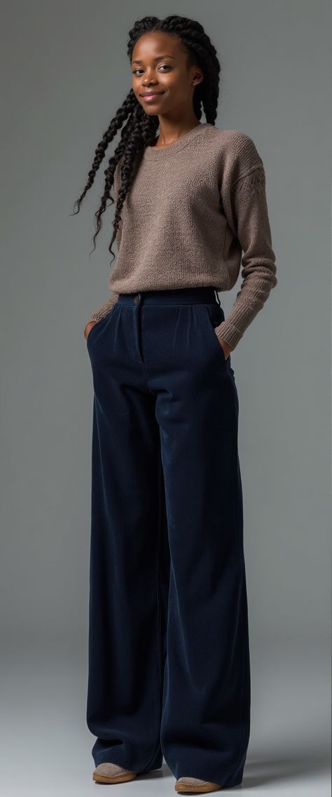 A stylish woman in a brown sweater and navy corduroy pants, embodying chic minimalist fashion for autumn. - casual chic, brown sweater, navy corduroy pants, minimalist style, autumn fashion, winter wardrobe, sophisticated elegance Caramel Wide Leg Pants Outfit, Trouser And Sweater Outfit, Navy Blue Corduroy Pants Outfit, Navy Corduroy Pants Outfit, Blue Corduroy Pants Outfit, Pants Sweater Outfit, Black Corduroy Pants Outfit, Brown Corduroy Pants Outfit, Wide Leg Pants Outfit Casual