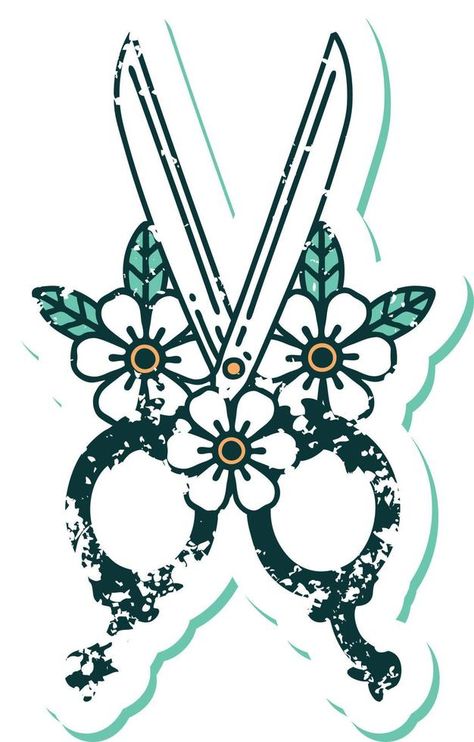 iconic distressed sticker tattoo style image of barber scissors and flowers Sticker Tattoo Style, Scissors Barber, Sticker Tattoo, Barber Scissors, Tattoo Style, Vector Free, Clip Art, Tattoos, Flowers