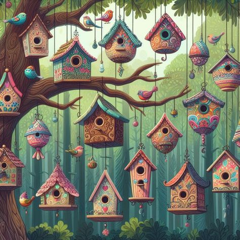 Coloured Pictures, Aquarium Live Wallpaper, Cartoon Crazy, Bird Houses Painted, Birdhouse Designs, Diy Crafts For Home Decor, Paint By Number Kits, Mural Painting, Whimsical Art