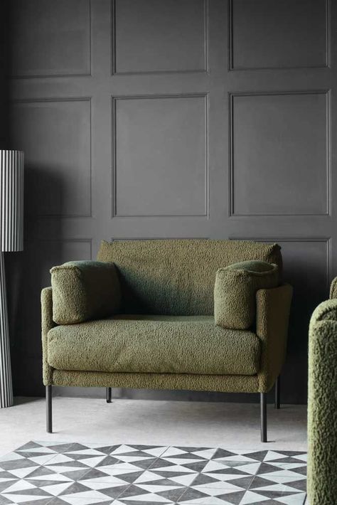 Olive Chunky Boucle Armchair | Rockett St George Green Armchair Living Room, Boucle Armchair, Green Living Room, Striped Upholstery Fabric, Brown Rooms, Office Armchair, Luxe Lounge, Green Armchair, Striped Upholstery