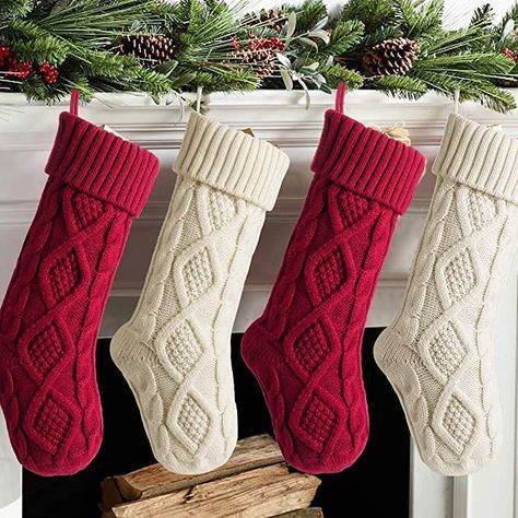 Meriwoods Christmas Stockings, 4 Pack 18 Inches Large Cable Knit Knitted Stockings, Rustic Xmas Farmhouse Decorations for Family Holiday Country Home Decor, Burgundy Red & Cream White #afflink Knitting Christmas, Knit Stockings, Hanging Stockings, Stocking Gifts, Stocking Tree, Xmas Stockings, Stocking Holders, Christmas Stockings Personalized, Holiday Stockings