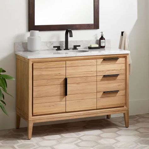 48" Single Sink Vanities | Signature Hardware Teak Bathroom Vanity, Plank Door, Teak Bathroom, Teak Vanity, Vessel Sink Vanity, Semi Recessed Sink, Teak Mirror, Acrylic Tub, Primary Bathroom