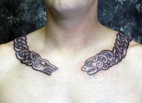 Torc tattoo with wolf terminals Celtic Torc Tattoo, Collar Tattoo, Celtic Owl, Wolf Tattoos Men, Wolf Tattoos, Viking Tattoos, Chest Tattoo, Polynesian Tattoo, Vikings