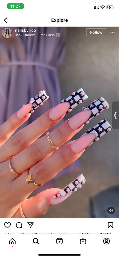 Long Checkered Nails, 3d Checkered Nails, Checkered French Tip Nails, Checkered Nails Black And White, Black Checkered Nails, Black Nails Checkered, Flame And Checkered Nails, Almond Nails Black Women, Black Nails With Checkered Accent Nail