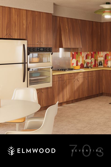 Dive into this nostalgic 70s kitchen. Retro never looked so good. Cabinetry: Chestnut on Teak, New Haven door style Futuristic Kitchen Design, High End Kitchen Design, Teak Kitchen, 70s Kitchen, Veneer Door, Kitchen Retro, Mdf Doors, Custom Cabinet, High End Kitchens