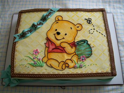 pooh cake Winnie The Pooh Sheet Cake, Winnie The Pooh Baby Shower Cake, Pooh Bebe, Baby Shower Sheet Cakes, Winnie The Pooh Cake, Cute Baby Shower Ideas, Bumble Bee Baby Shower, Disney Baby Shower, Winnie The Pooh Birthday