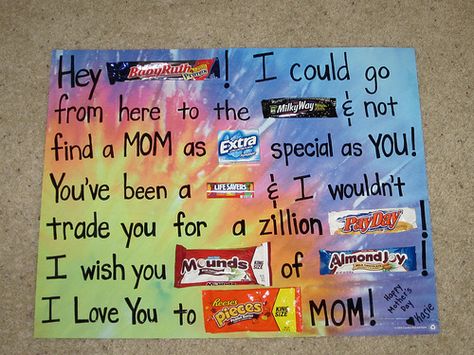 Mother's Day Candy Bar Poster...i remember doing something like this in elementary using twice any candy bars for a teacher that was leaving for another school...super creative Candy Poster Board, Candy Bar Cards, Candy Bar Poster, Homemade Birthday Gifts, Candy Bar Posters, Candy Quotes, Candy Grams, Candy Poster, Mothers Day Poster