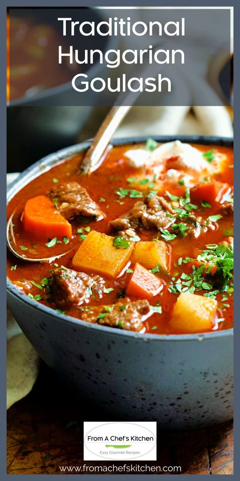 Buttery tender pieces of beef, earthy root vegetables and a rich paprika-seasoned broth come together in this Hungarian Goulash recipe for the ultimate warm and comforting meal! Hungarian Goulash Soup, Goulash Soup, Hungarian Goulash, Goulash Recipe, Goulash Recipes, Polish Food, Chef's Kitchen, Hungarian Recipes, Soup And Stew