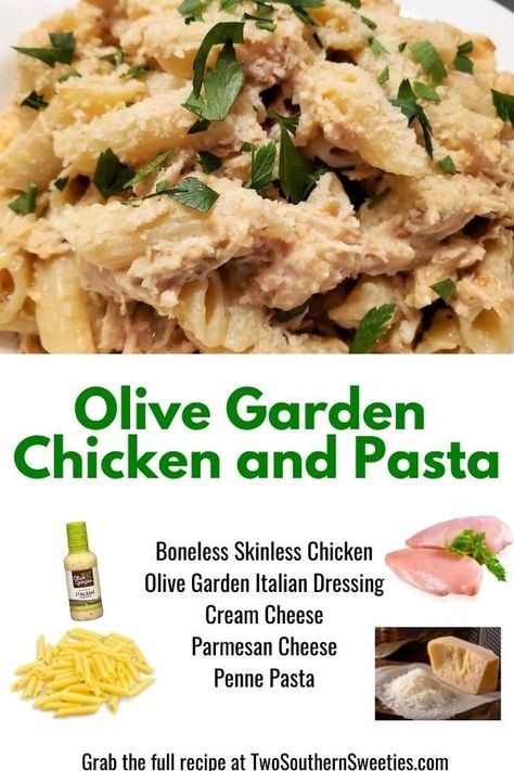 OLIVE GARDEN CROCK-POT CHICKEN AND PASTA Simple creamy, hearty & delicious dinner is done in the slow cooker. Olive Garden Dressing, Cream Cheese, Parmesan Cheese & Chicken & Pasta #olivegarden #bonelessskinlesschicken #pasta #crockpot #slowcooker Olive Garden Tuscan Chicken, Olive Garden Dressing Chicken Pasta, Chicken Recipes With Olive Garden Italian Dressing, Olive Garden Dressing Chicken Crock Pot, Olive Garden Chicken Pasta Oven, Chicken And Olive Garden Dressing, Olive Garden Dressing Chicken, Olive Garden Italian Dressing Recipe, Cheese Chicken Pasta