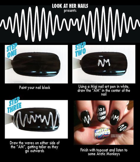 Arctic monkeys nail tutorial Arctic Monkeys Nail, Arctic Monkeys Nails, Monkey Makeup, Monkey Nails, Nails Ideas Short, Nail Biting Habit, Nail Drawing, Nail Tutorial, Racun Shopee