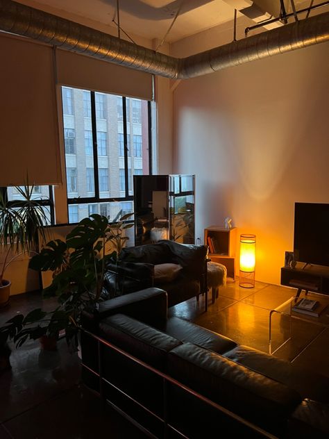 Loft Apartment Lighting Ideas, Loft Apartment Aesthetic Modern, Vintage Loft Decor, Musician Loft Apartment, Low Lighting Apartment, Artistic Apartment Aesthetic, Vibey Interior Design, Men’s Loft Apartment, Dark Loft Aesthetic