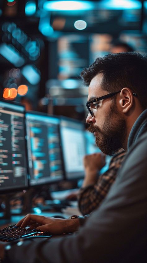 Focused Tech Professional: A skilled programmer diligently works in a high-tech environment filled with multiple computer screens. #technology #programmer #computer #screens #coding #tech #software #data #aiart #aiphoto #stockcake https://ayr.app/l/bC1V Technology Photoshoot, Tech Photography, Nerdy Style, Company Photography, Brand Session, Tech Jobs, Work Photos, Future Vision, Tech Job