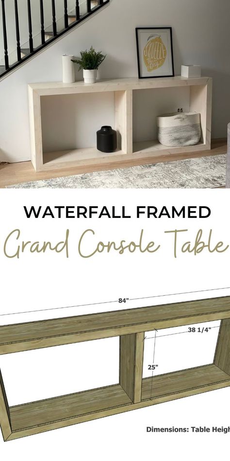 Diy Pallet Console Table, Waterfall Table Behind Couch, Diy Wooden End Tables Living Rooms, Diy Modern Entryway Table, Console Diy Table, Built In Console Table, Diy Entryway Table Plans, Diy Waterfall Entry Table, Diy Extra Long Sofa Table