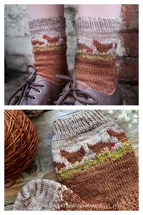 Chicken Socks Free Knitting Pattern Knitting Machine Patterns Christmas, Colourwork Knitting Patterns Free, Fox Socks Knitting Pattern, Color Work Socks, Knit Chicken Pattern, Chicken Knitting Pattern Free, Easy Knit Socks For Beginners, Knit Sock Pattern Free, Knit Socks Pattern Free