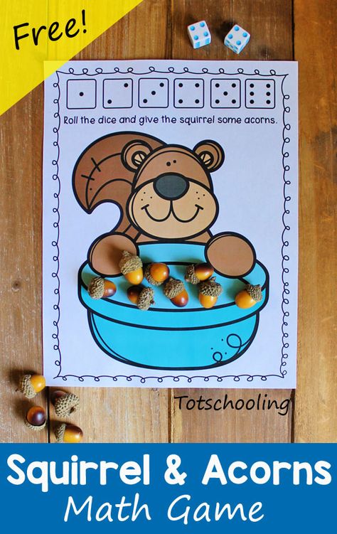 FREE printable Fall themed math game featuring a squirrel collecting acorns in a bowl. Roll the dice to find out how many acorns the squirrel got. Fun math activity to practice counting and addition. Squirrel And Acorn Preschool, Squirrel Activity Preschool, Squirrel Kindergarten Activities, Squirrel Theme Preschool, Squirrel Preschool Activities, Squirrel Preschool, Fall Math Activities, Preschool Math Games, Fall Preschool Activities