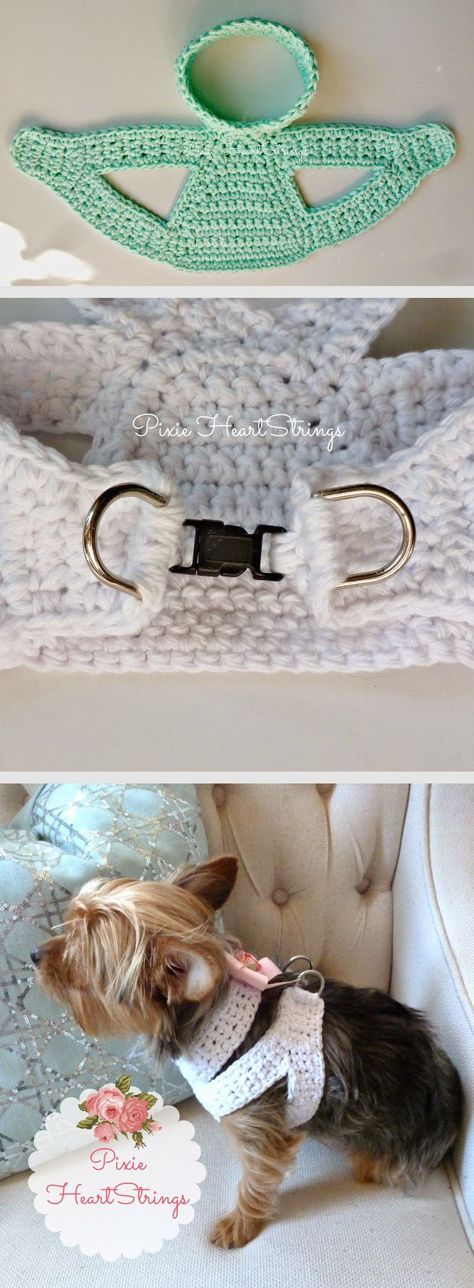 Extra-small pet harness, free pattern with photos by Pixie. Dog pictured weighs less than 5 lbs. Pattern can be adjusted. #crochet Katt Diy, Crochet Dog Clothes, Crochet Dog Sweater, Pet Harness, Small Pet, Crochet Dog, Dog Sweaters, Crochet Cat, Crochet Accessories