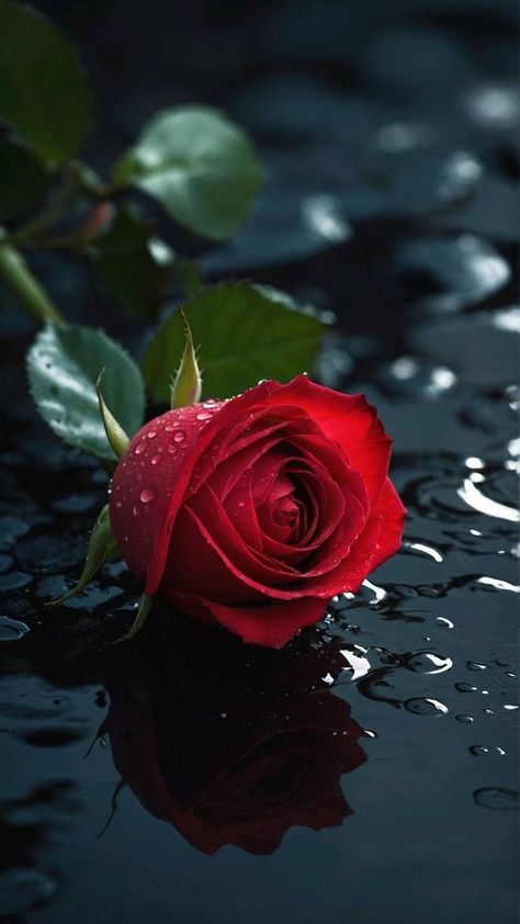 Rose In Rain, Ethereal Water, Green Nature Photography, Rose Flower Red, Rose Bush Care, Flower Red Rose, Pond Reflection, Bush Flowers, Flowers Pics