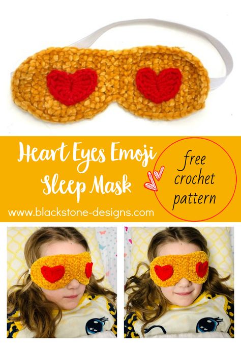 Heart Eyes Emoji Sleep Mask - Free Crochet Pattern » Blackstone Designs Crochet Sleepy Eyes, Crochet Eye Mask, Crochet Eye Mask Sleep Free Pattern, Crochet Sleep Mask, Sleep Mask Crochet, Crochet Sheisty Mask, Heart Eyes Emoji, Crochet Boutique, Mask Designs